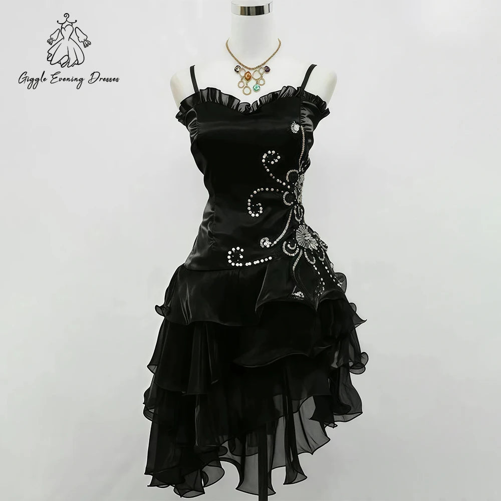 Sexy Cocktail Dress Sleeveless Black Short Prom Dress Beading Ruched Tiered Organza Evening Gown Elegant Party Dress Customized