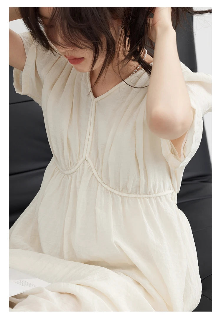 Vestido Longo Feminino Estilo Francês Vintage - Decote V Manga Bufante Preto Solto