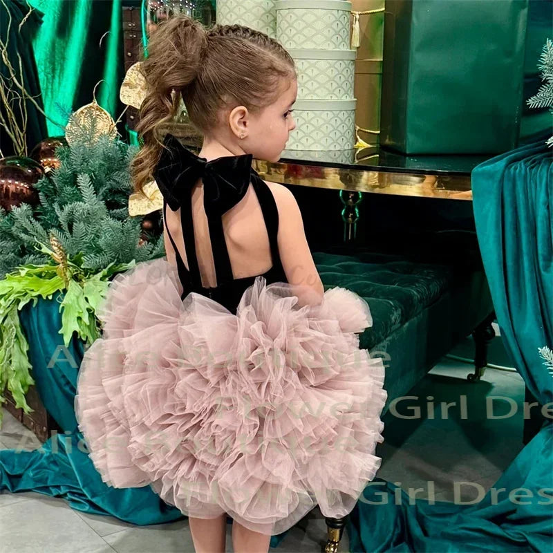 Pink Tulle High-Low Flower Girl Dresses High O Neck Sleeveless Ball Gown Sweap Train Birthday Party Dress Lovely Robe Customized