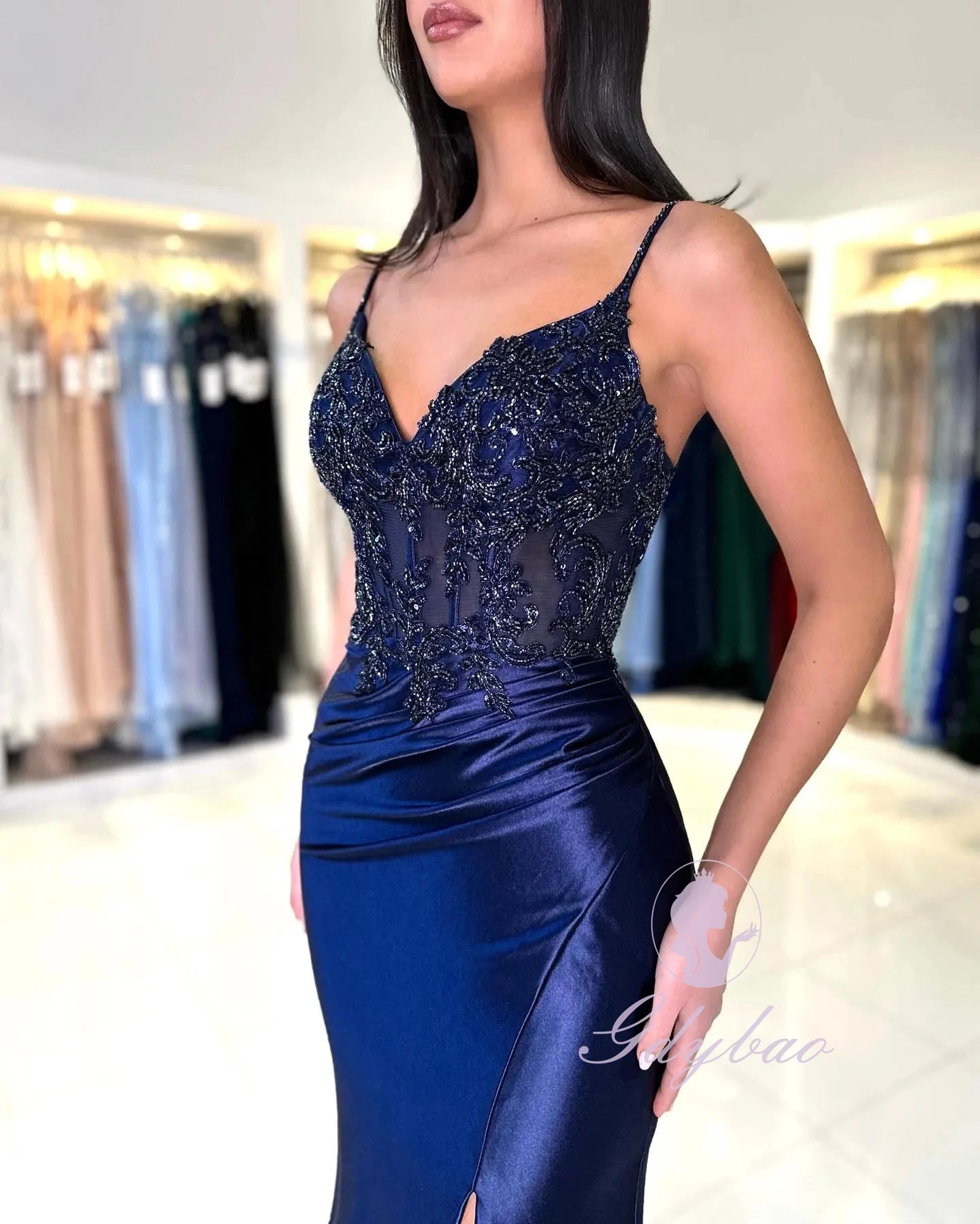 Navy Blue Evening Dress Women Lace Applique Floor Length Suspenders Bridal Formal Long Tight Sexy Ball Gowns Party Pageant Dress