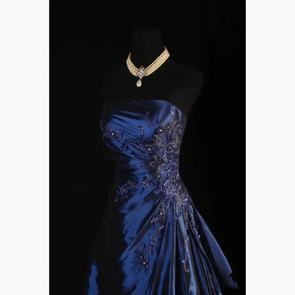Blue Women Dresses Flower Taffeta Sleeveless Formal Classcial Valentine's Dresses Elegant Birthday And Evening Party Gowns