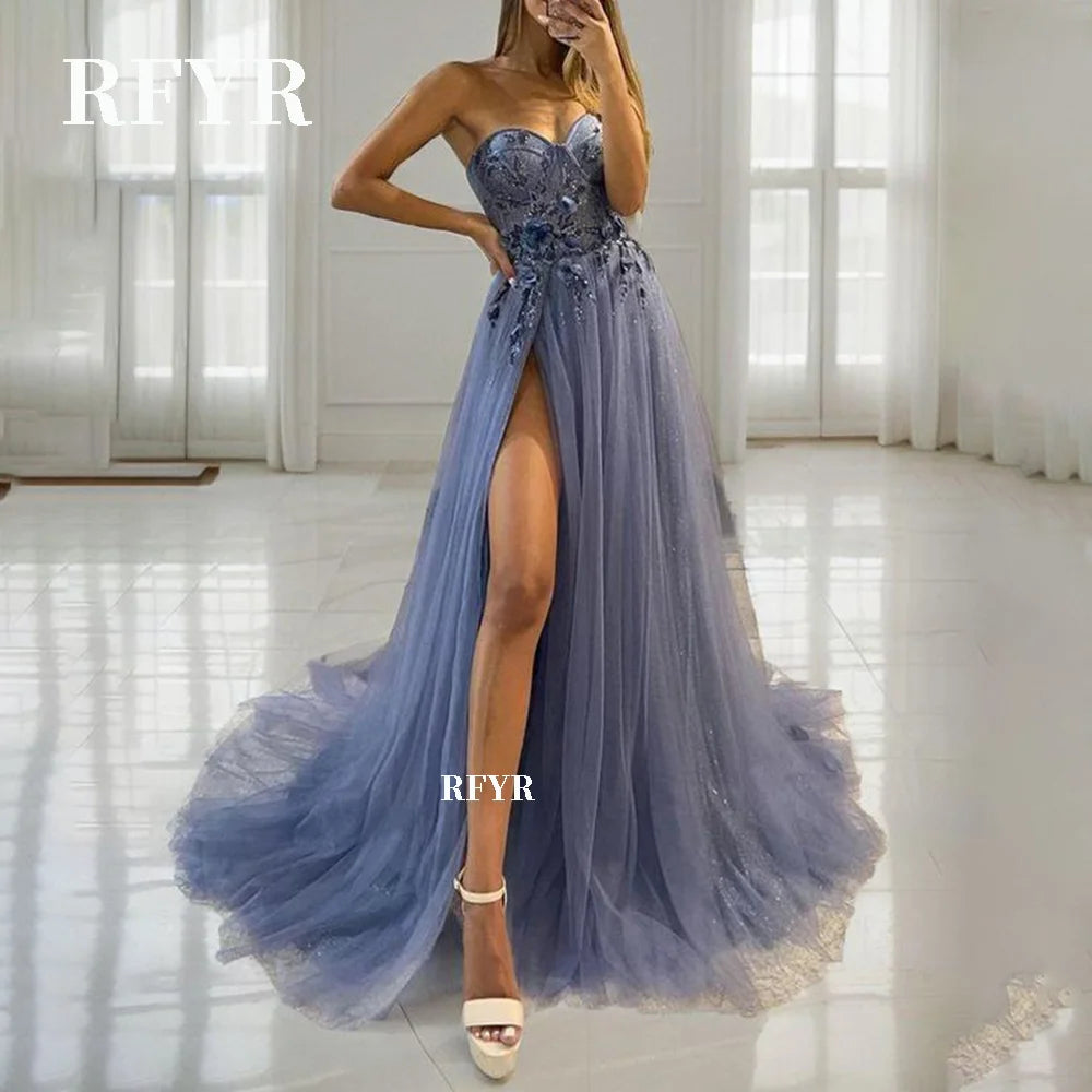 RFYR Blue Sweetheart Evening Dress Appliques Lace Party Dress For Wedding Special Occasion Dress with Side High Split Customized