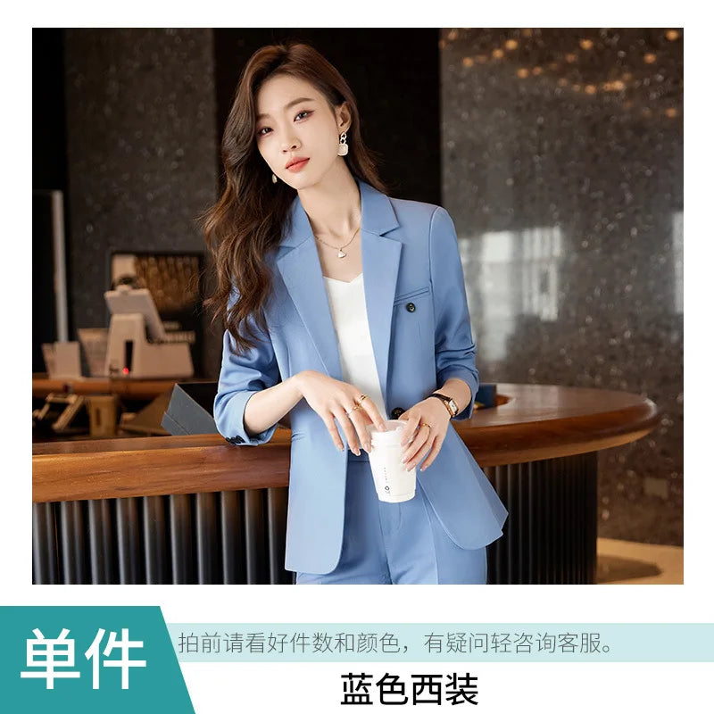 Blue/Coffe/khaki casual business women' suit spring and autumn high-end workplace temperament double-breasted suit trousers suit