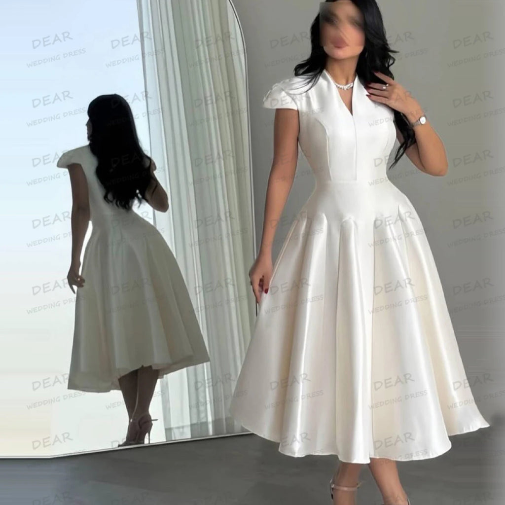 Simple A Line Wedding Dresses V Neck Cap Sleeve Women's Tea-Length Bridal Gowns Satin Formal Elegant Vestido De Novia Customized
