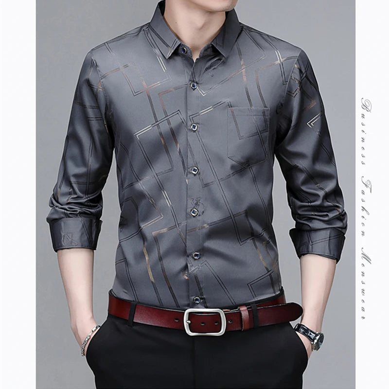 Camisa Masculina Manga Longa Estampada - Sem Amassado Business Casual