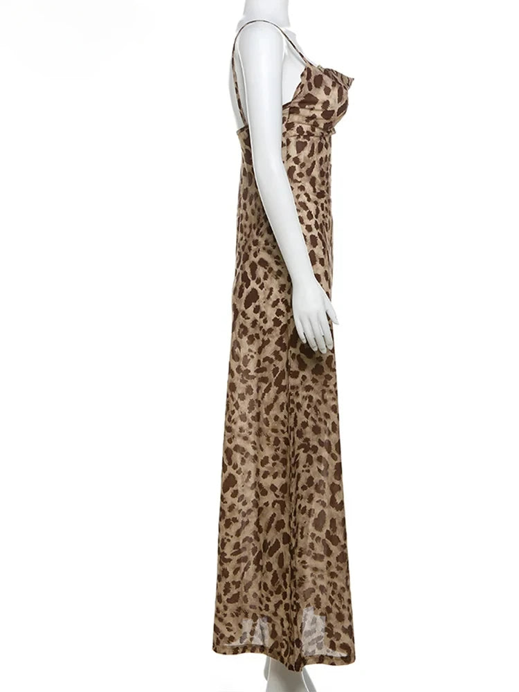 Vestido Feminino com Estampa de Leopardo - Sexy Alças Finas Babados Festa Clube
