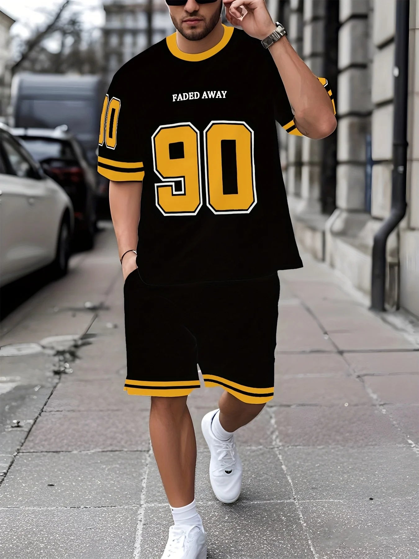 Summer Men's Fashion Casual Sports Set Loose-Fit Trendy Doll Graffiti Print Crew Neck Short Sleeve Two-Piece Set with Shorts