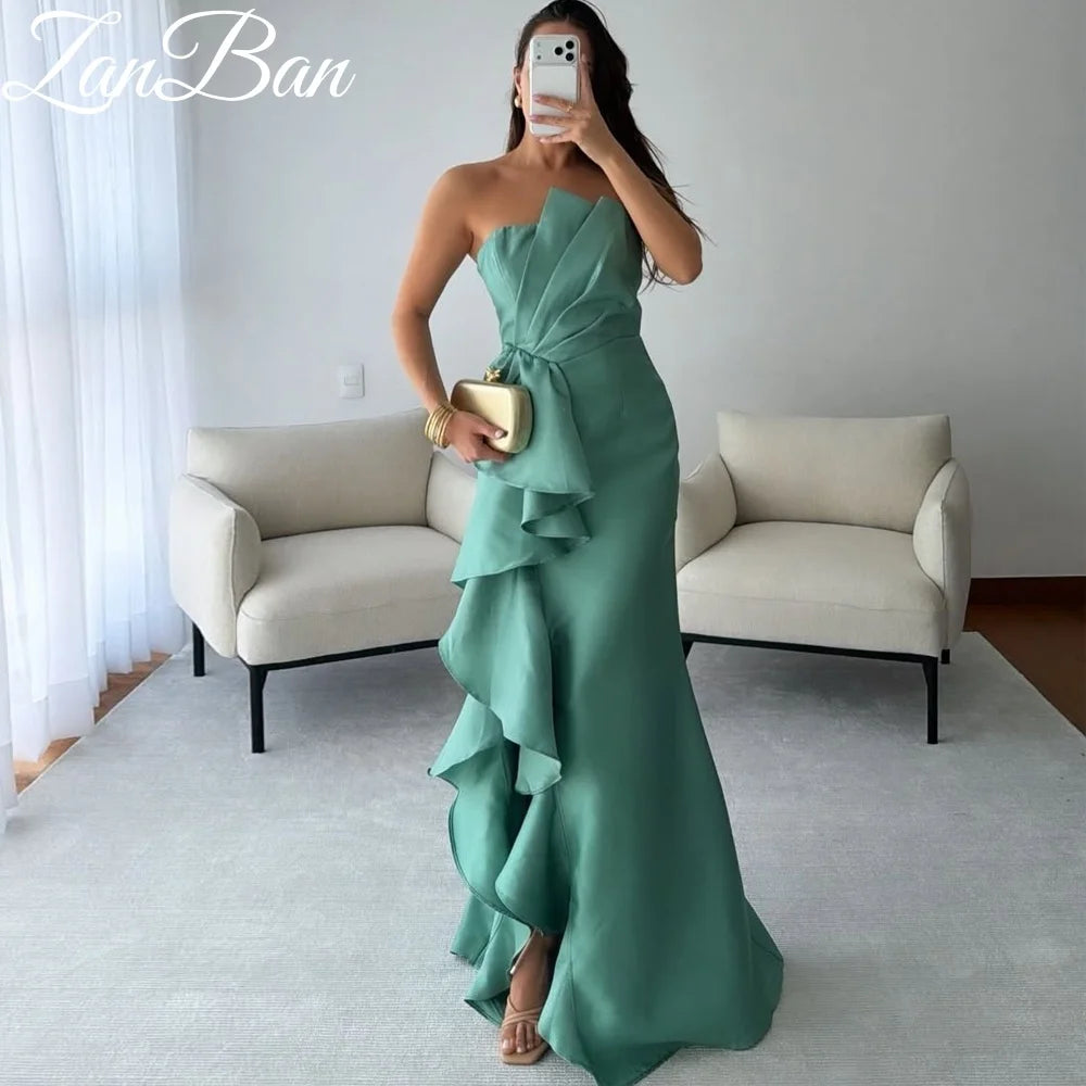 ZanBan Customized Ruffles New Satin Evening Dresses For Sexy Women Long Formal Prom Dress With Slit A-Line Corset Cocktail Gowns