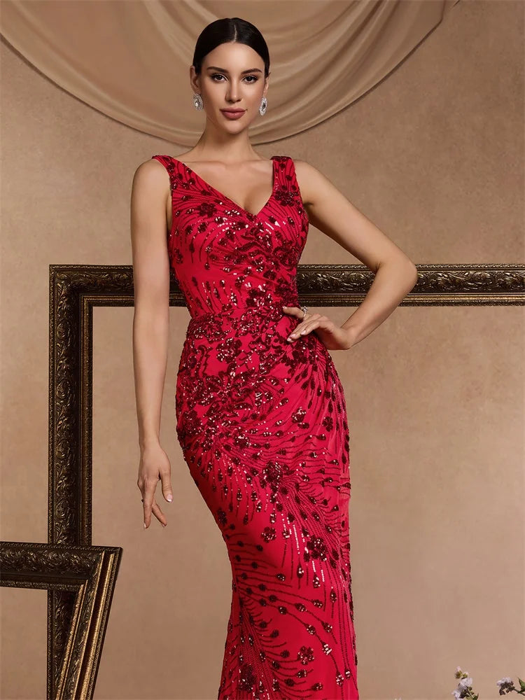 Elegant Slit Evening Dress 2024 Women Long Mermaid Formal Sequrins Sexy V-neck Caicktail Wedding Party Prom Dresses