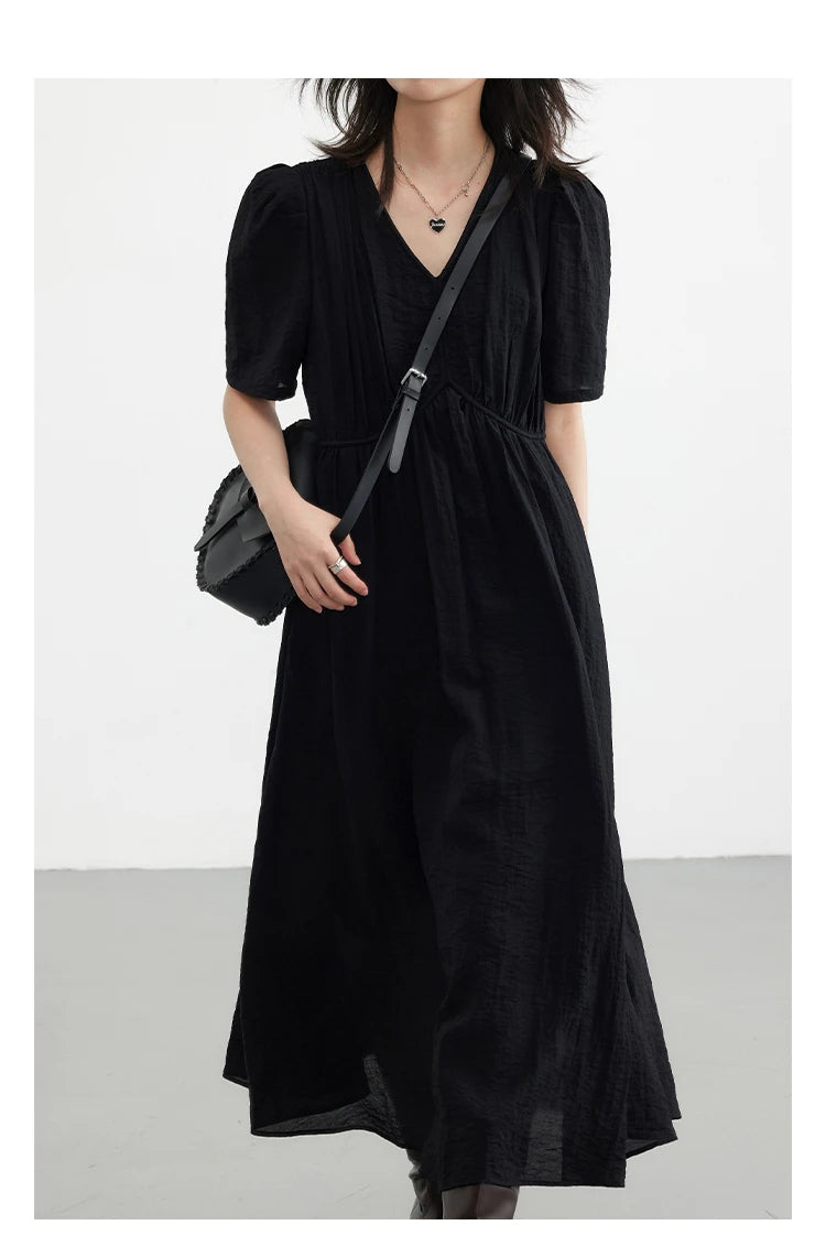 Vestido Longo Feminino Estilo Francês Vintage - Decote V Manga Bufante Preto Solto