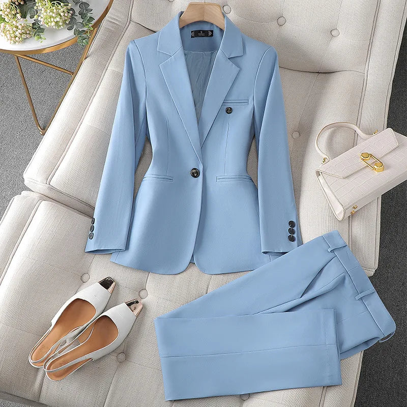 Blue/Coffe/khaki casual business women' suit spring and autumn high-end workplace temperament double-breasted suit trousers suit