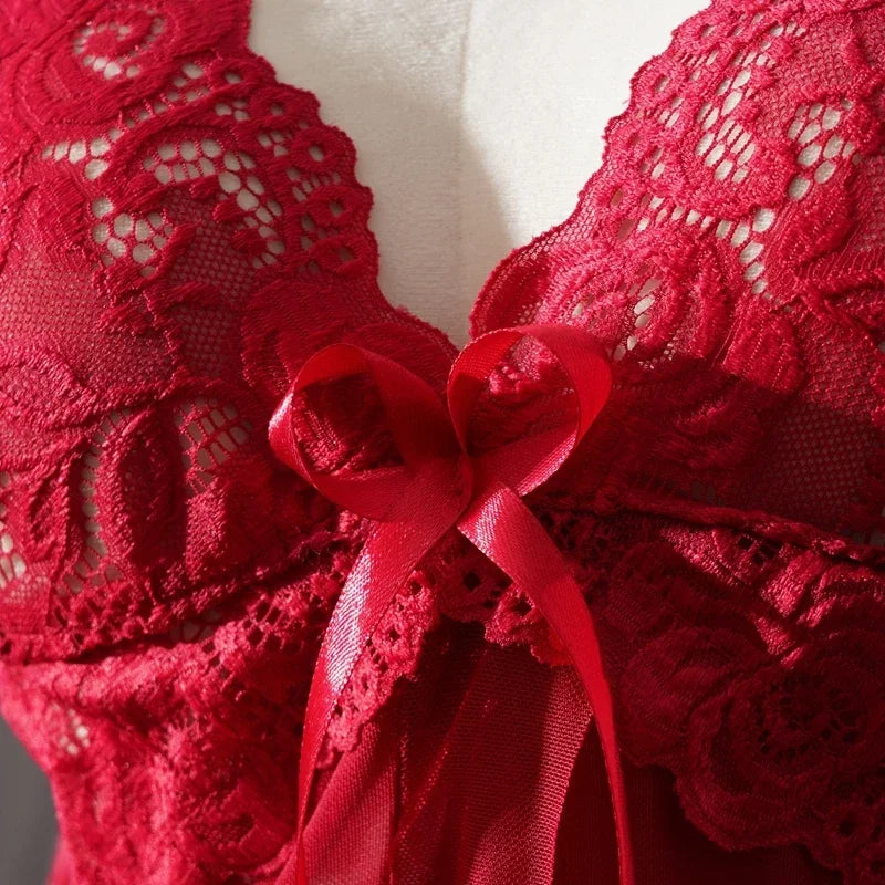 Women's Lace Nightgown Set Sheer Sexy Sleepwear V-Neck Front-Split Pajamas Loungewear with Panty 2-Piece for Women