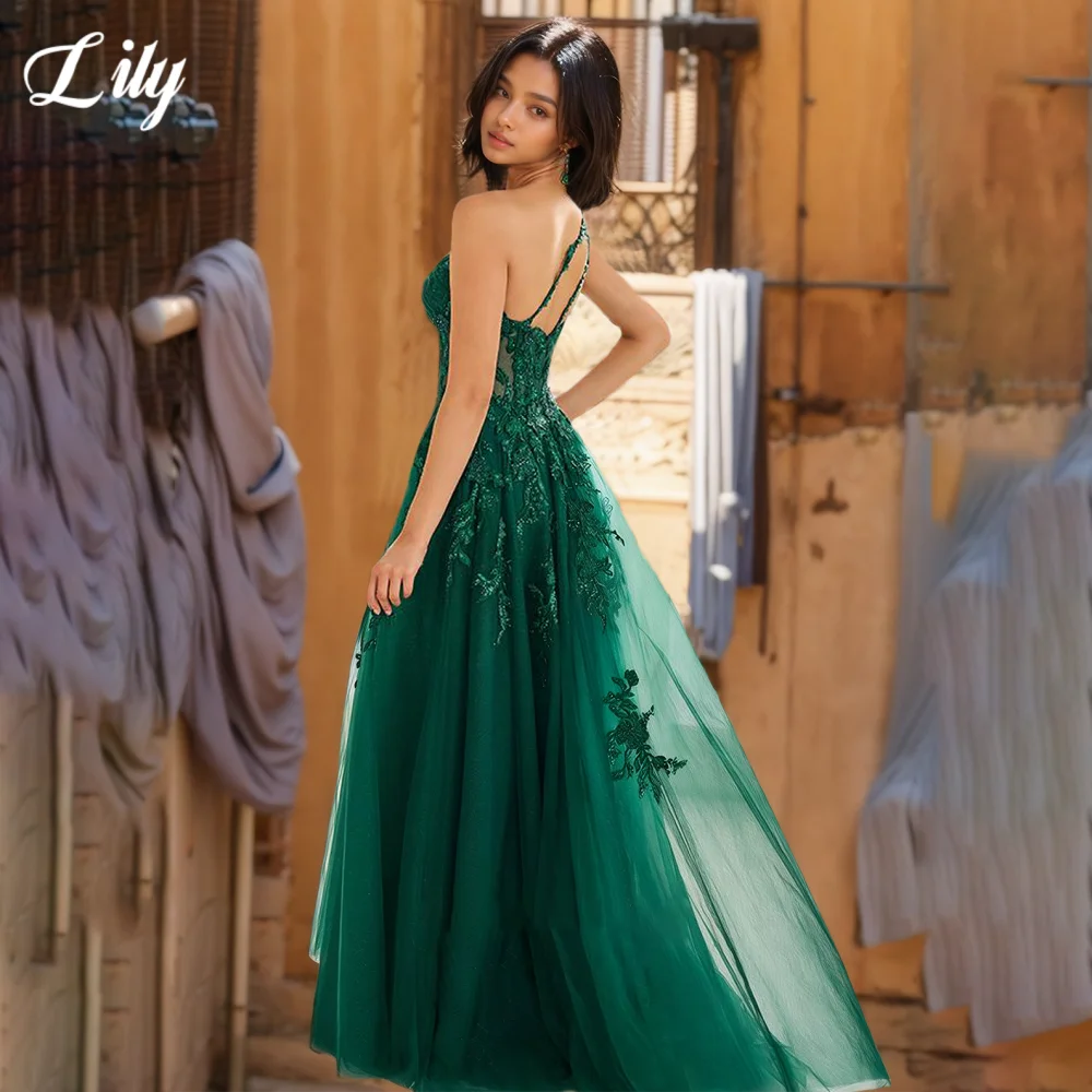 Lily Green Elegant Prom Dress Sweetheart One shoulder Hollow Party Dress with Fishbone Lace Applique Split Ball Gown Customized
