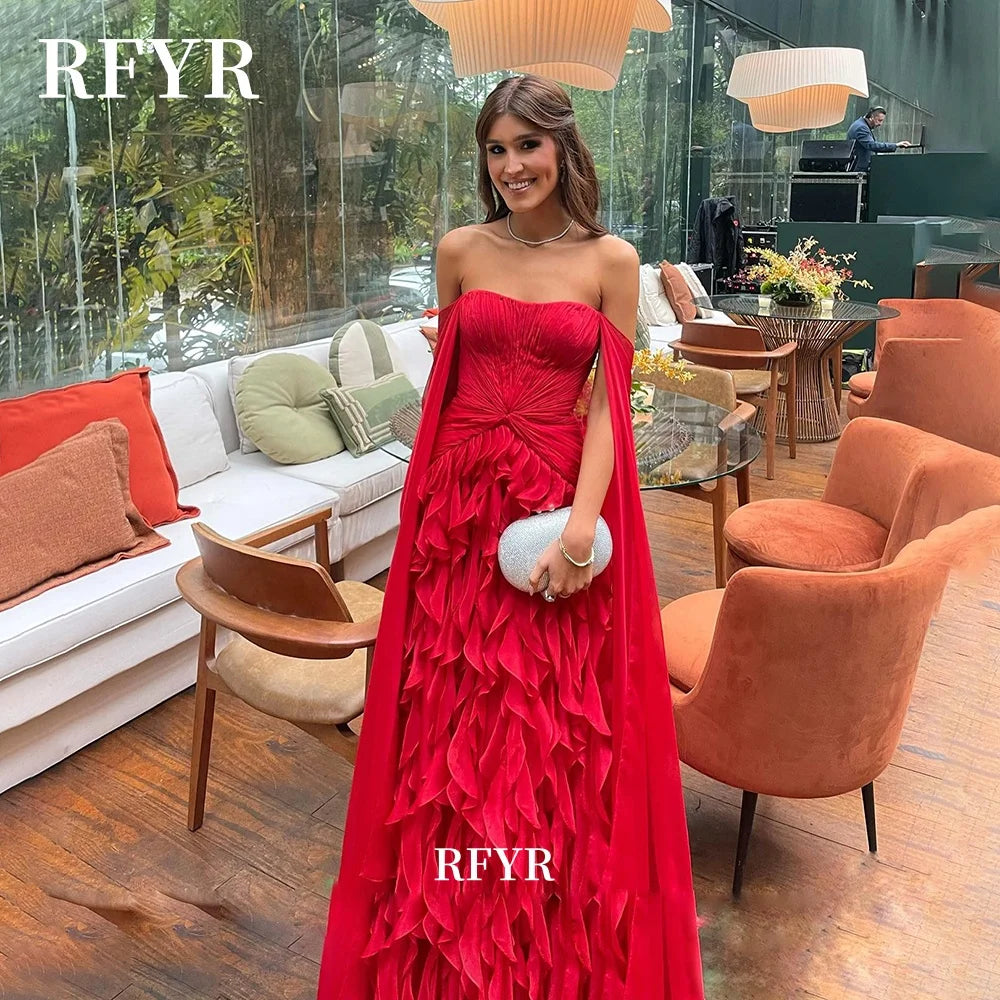 RFYR Ruffles Prom Dress Party Dress Chiffon A Line Evening Dress Detachable Shawl Women Celebrity Gala Dress Vestidos Customized