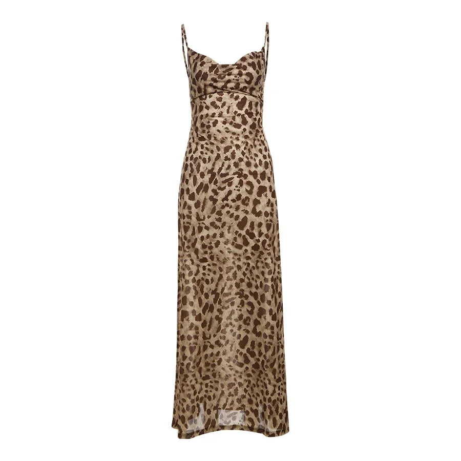 Vestido Feminino com Estampa de Leopardo - Sexy Alças Finas Babados Festa Clube