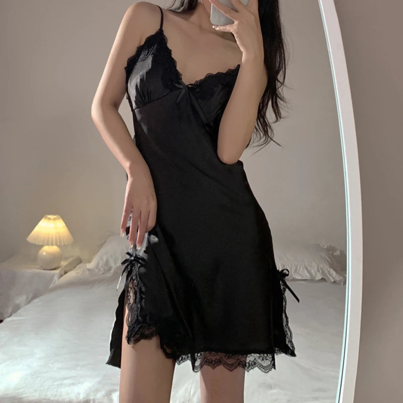 Camisola Feminina de Renda com Decote V - Lingerie Sexy Sleepwear Roupão Noturno