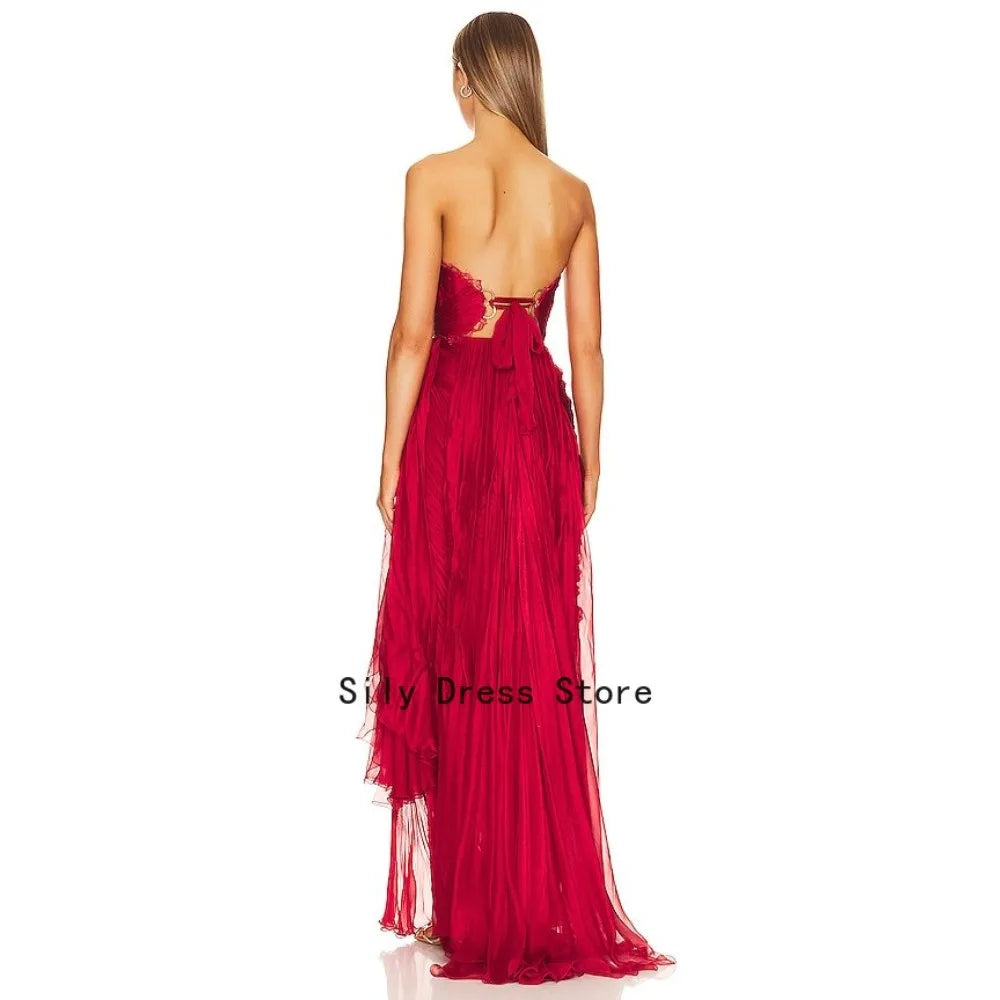 Customized Red Evening Dresses Long Pleated Party Dress with Lace Draped Elegant Modern Formal Prom Gowns for Women 2026