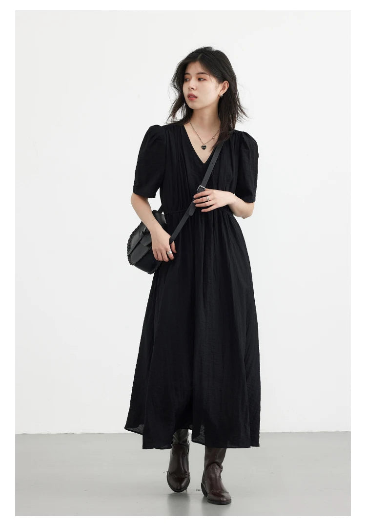 Vestido Longo Feminino Estilo Francês Vintage - Decote V Manga Bufante Preto Solto