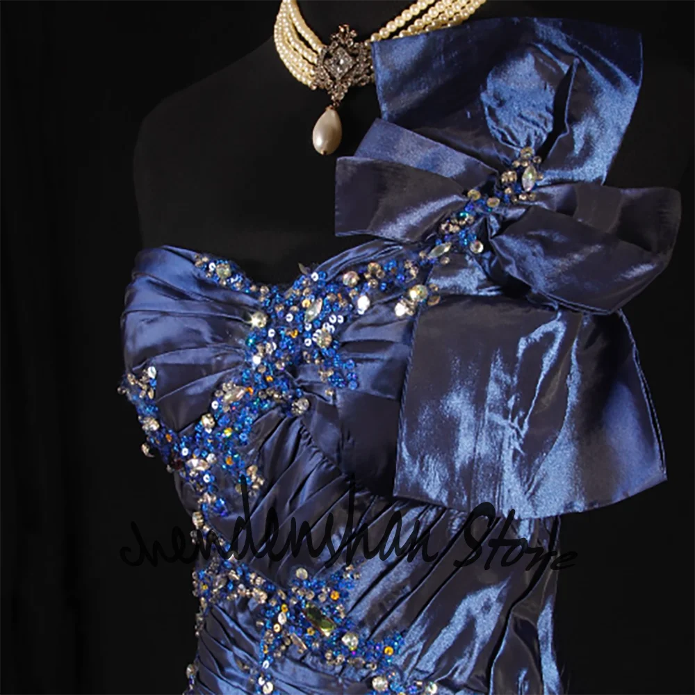 Deep Navy Blue Satin One-Shoulder Women Evening Dresses Floor-Length Formal Wedding Guest&Prom Gown with Sequin Embellishments