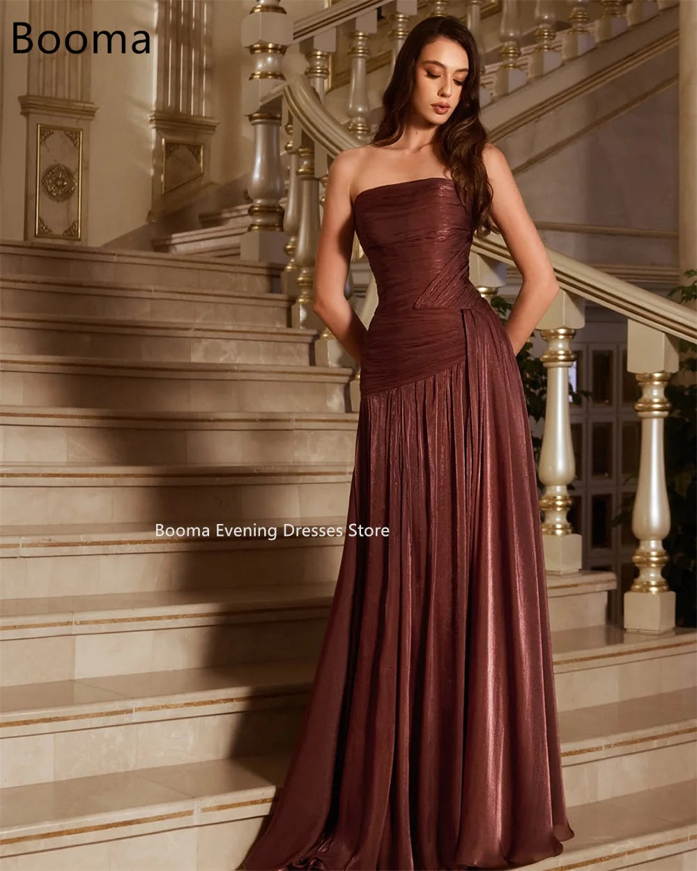Booma Mermaid Strapless Pleat Shiny Brown Evening Dresses Formal Party Gowns for Women Sleeveles Elegant Prom Gown Customize