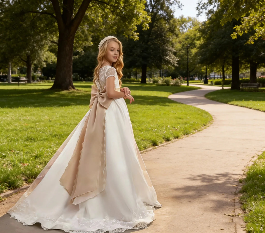 Custom satin flower girl dress Elegant wedding bridesmaid half-sleeve lace bow First Communion prom party children's dress