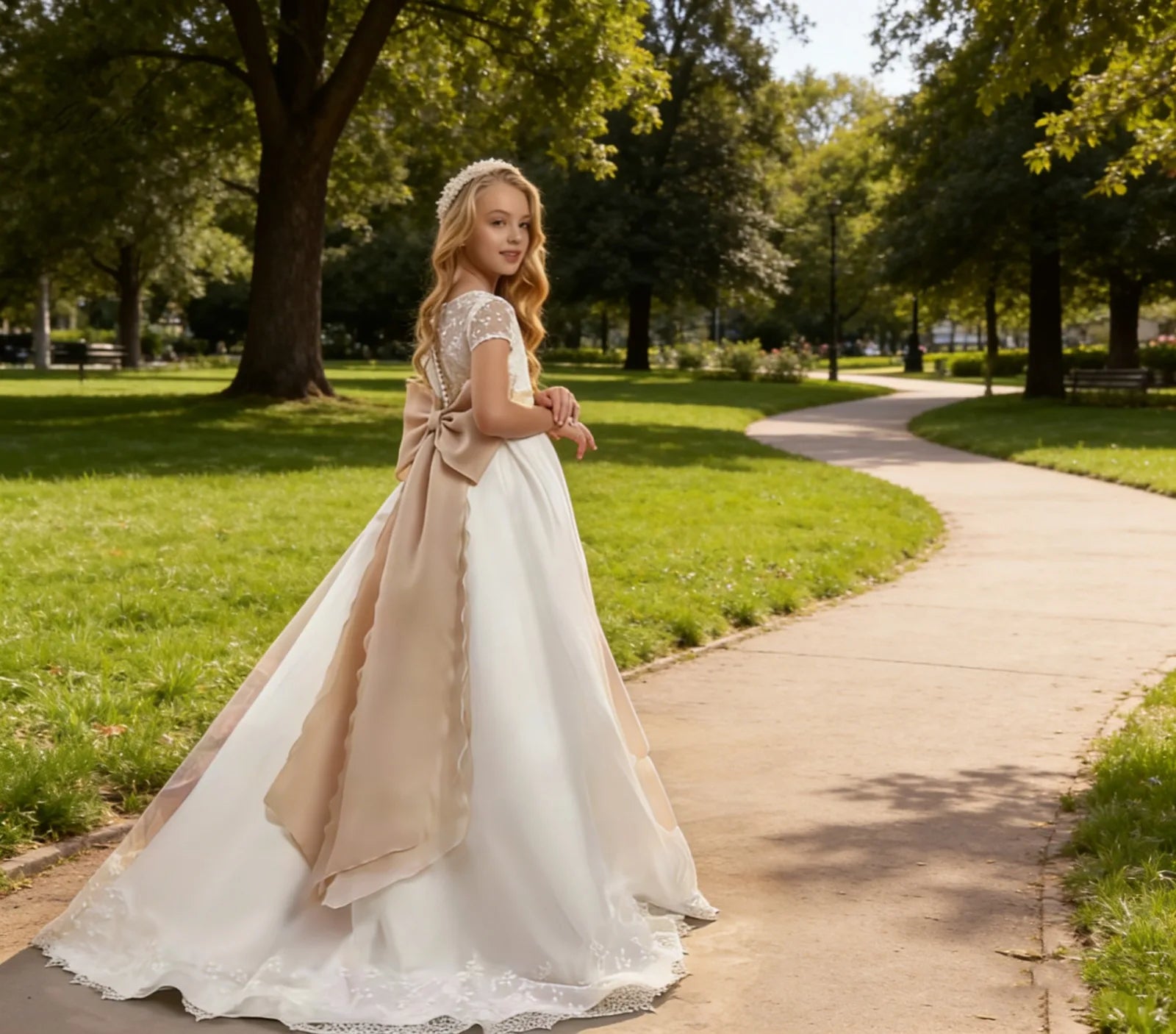 Custom satin flower girl dress Elegant wedding bridesmaid half-sleeve lace bow First Communion prom party children's dress