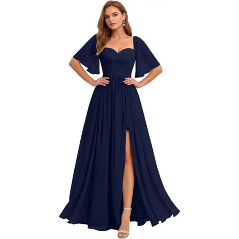 A Line Short Sleeve Chiffon Bridesmaid Dresses One Shouder Slit Pleat Elegant Wedding Party Formal Prom Evening Lace Up Back