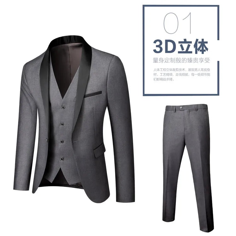 US Size Men Lapel Black Collar 3 Pcs Suit Set Coat Vest Trousers / Business Groom Wedding Dress Fprmal Blazer Pants Waistcoat