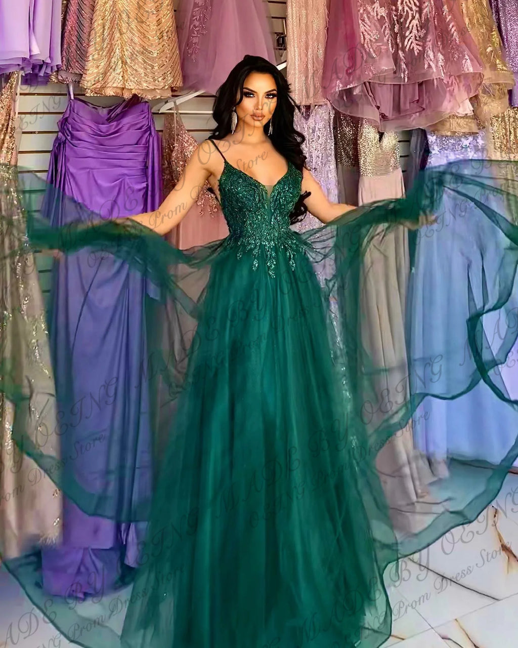 OEING Glitter Emerald Green Tulle Prom Dresses Lace Applique Straps V Neck Suspender Party Dress Women Evening Gowns Customized