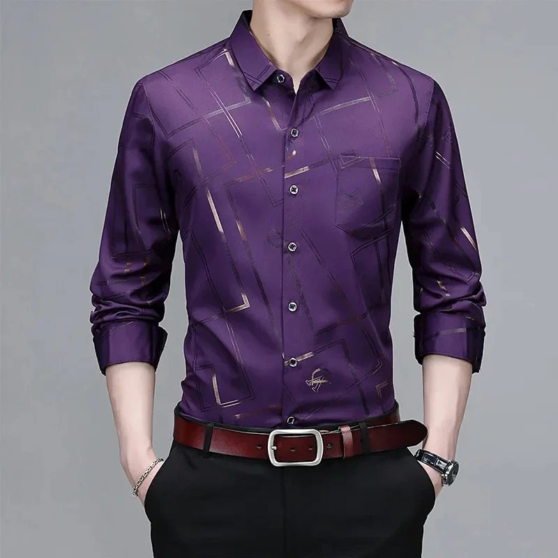 Camisa Masculina Manga Longa Estampada - Sem Amassado Business Casual