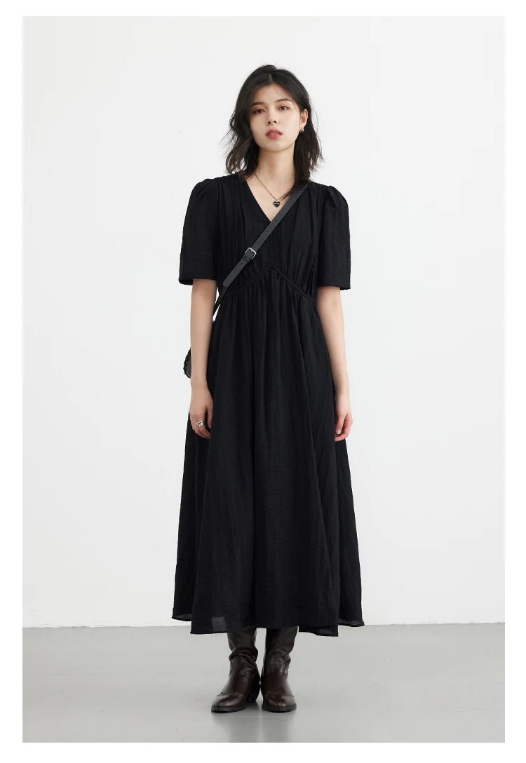 Vestido Longo Feminino Estilo Francês Vintage - Decote V Manga Bufante Preto Solto