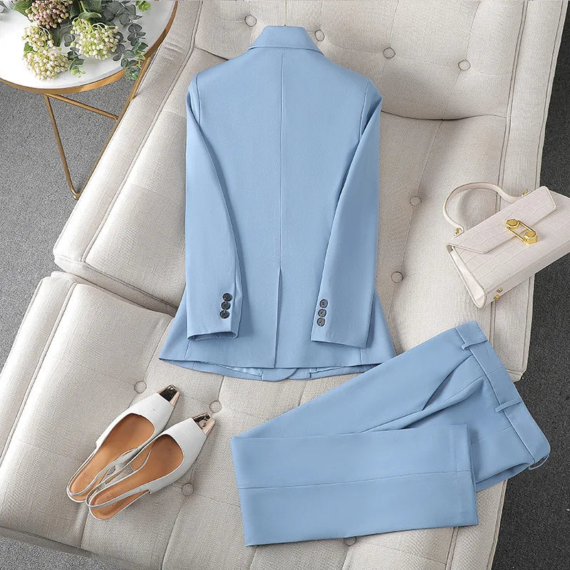 Blue/Coffe/khaki casual business women' suit spring and autumn high-end workplace temperament double-breasted suit trousers suit