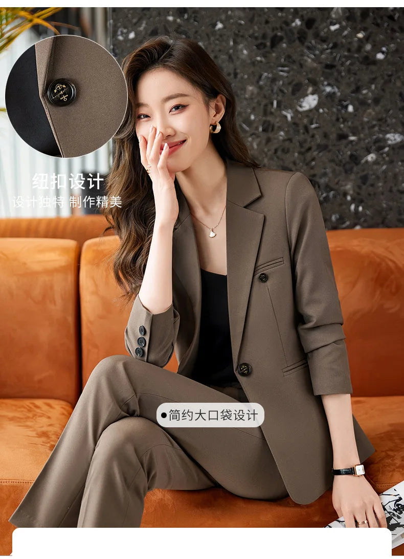 Blue/Coffe/khaki casual business women' suit spring and autumn high-end workplace temperament double-breasted suit trousers suit
