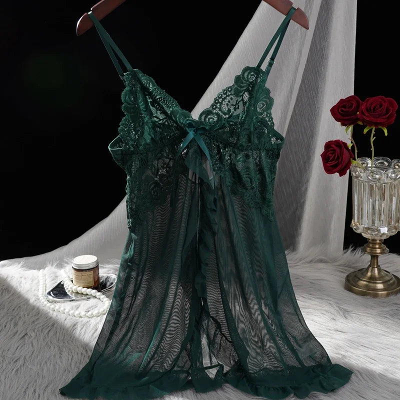 Women's Lace Nightgown Set Sheer Sexy Sleepwear V-Neck Front-Split Pajamas Loungewear with Panty 2-Piece for Women