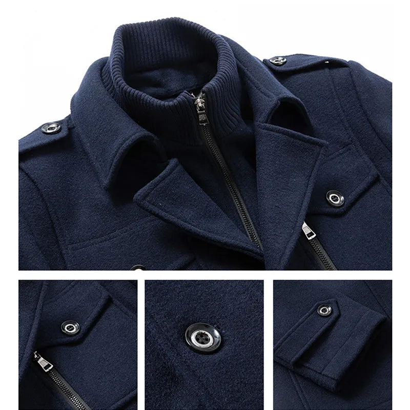 Winter Men's Thick Jacket, Business Casual Outwear, Asian Size Coat, Multiple Pockets Wool & Blends