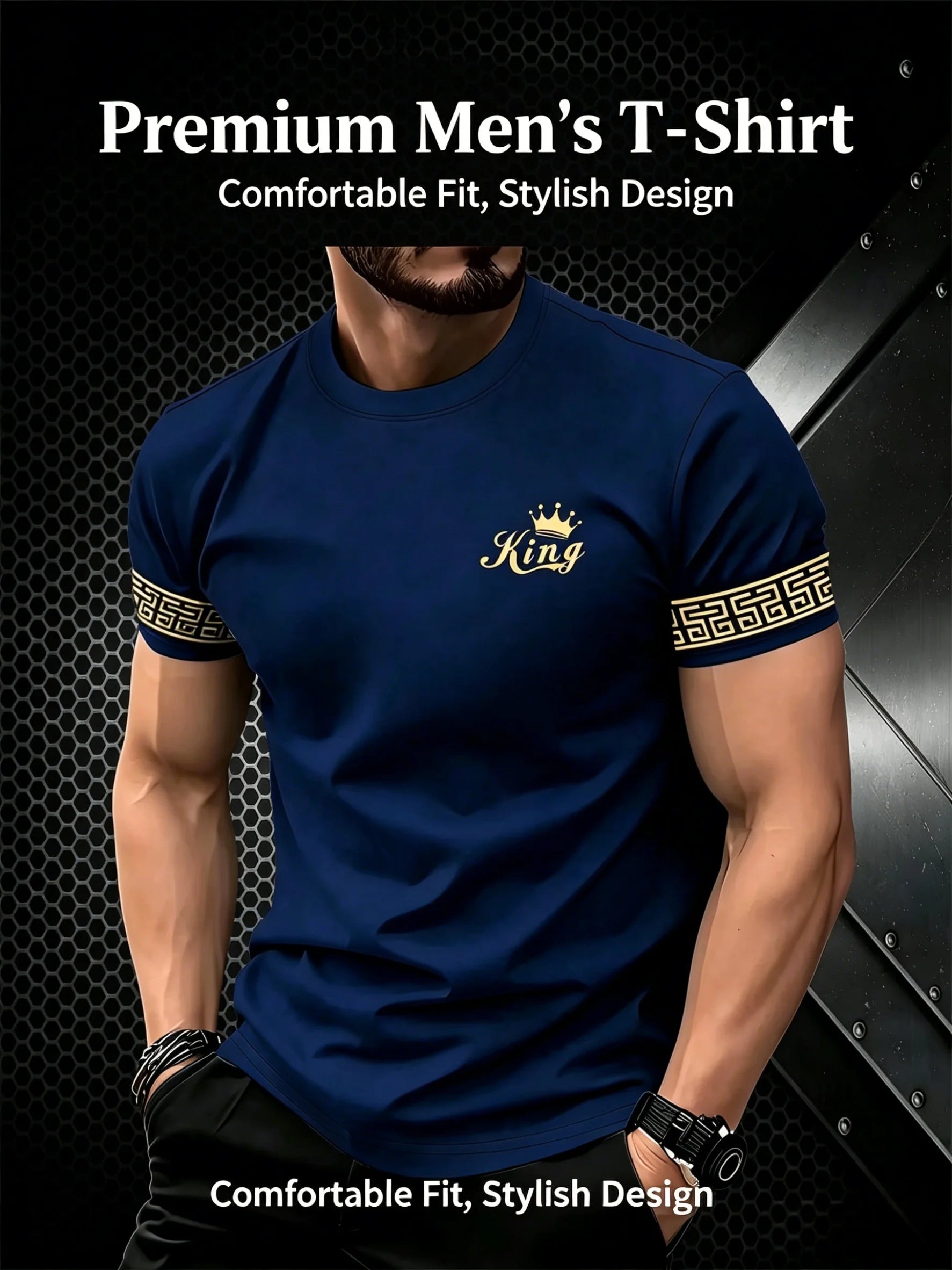 Camiseta Masculina Preta e Dourada com Estampa "King" - Luxo e Personalidade