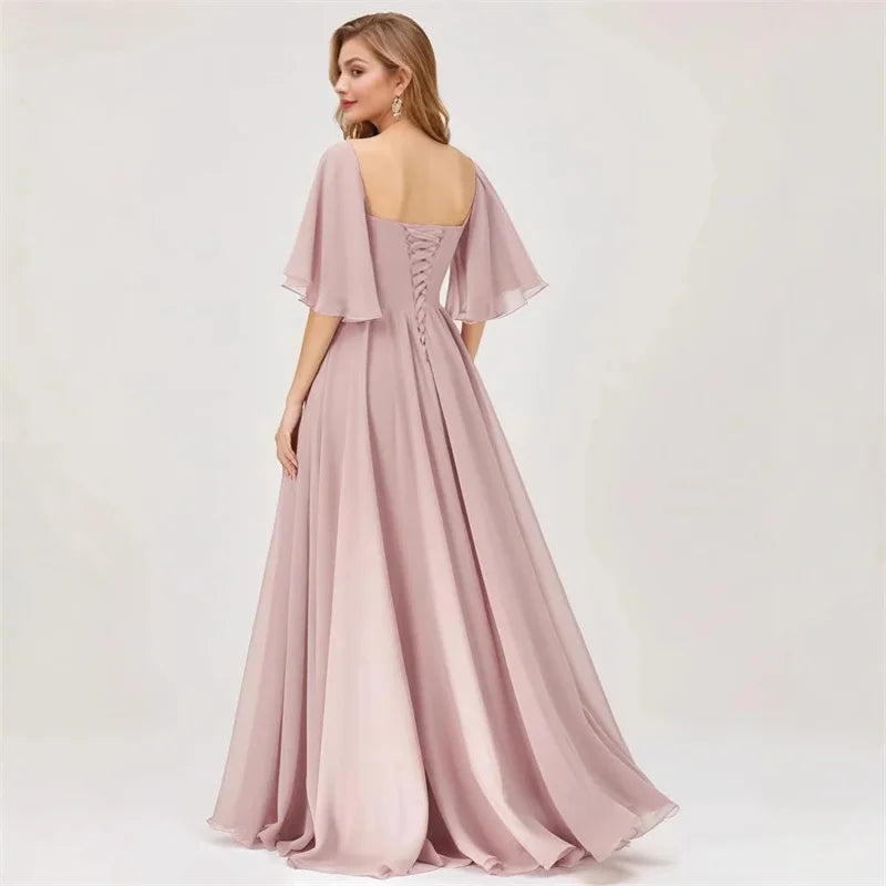 A Line Short Sleeve Chiffon Bridesmaid Dresses One Shouder Slit Pleat Elegant Wedding Party Formal Prom Evening Lace Up Back