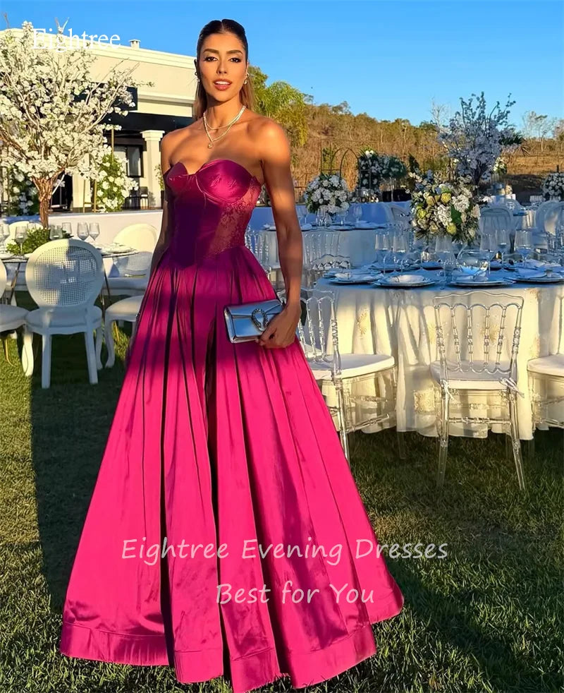 Eightree Hot Pink Sweetheart Neck A Line Evening Dresses Lace Waist Prom Gown Floor Length Party Gown vestido festa Customized