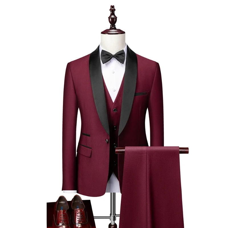 US Size Men Lapel Black Collar 3 Pcs Suit Set Coat Vest Trousers / Business Groom Wedding Dress Fprmal Blazer Pants Waistcoat