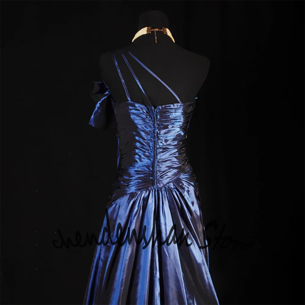 Deep Navy Blue Satin One-Shoulder Women Evening Dresses Floor-Length Formal Wedding Guest&Prom Gown with Sequin Embellishments