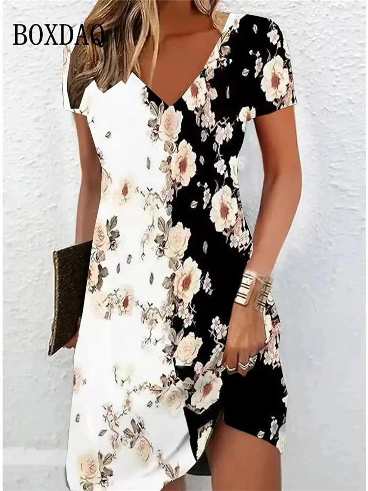Vestido Feminino Casual Boho Praia - Estampa Floral Decote V Manga Curta Plus Size