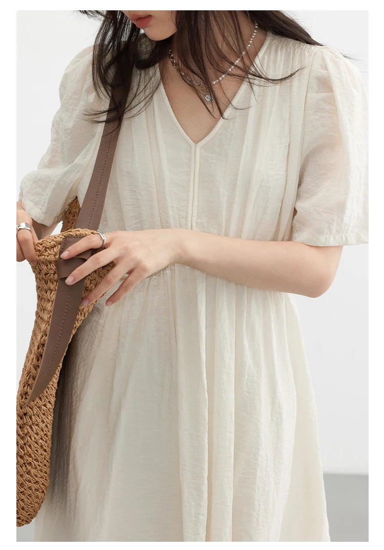 Vestido Longo Feminino Estilo Francês Vintage - Decote V Manga Bufante Preto Solto