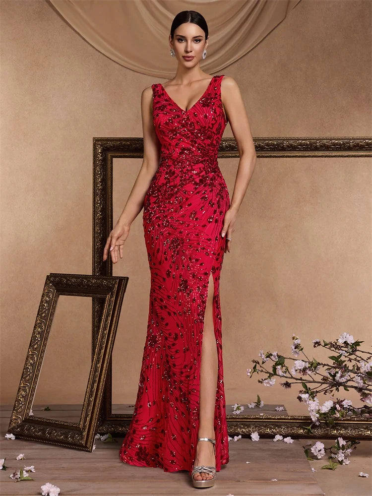 Elegant Slit Evening Dress 2024 Women Long Mermaid Formal Sequrins Sexy V-neck Caicktail Wedding Party Prom Dresses