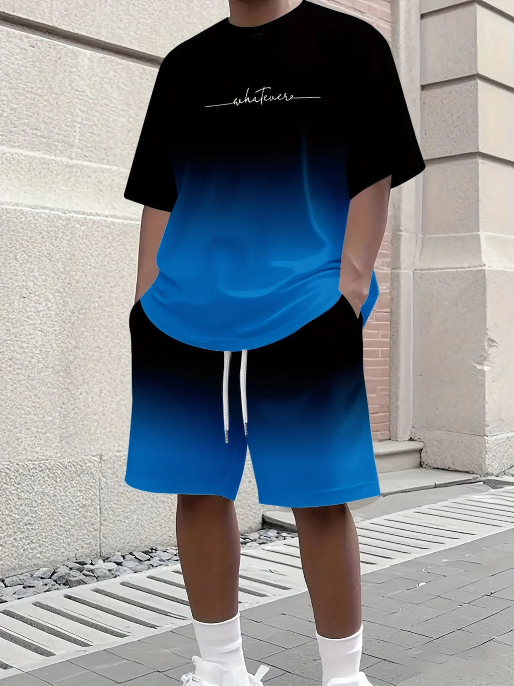 Summer Gradient Color Athletic T-Shirt and Shorts Set Stylish Men's Quick-Dry Athletic Short-Sleeve Top with Drawstring Shorts