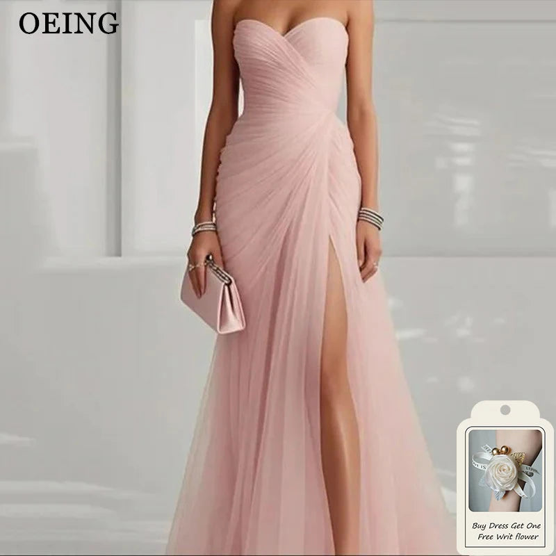 OEING Elegant Mermaid Pink Prom Dress Sweetheart Side Slit Pleats Floor Length Evening Party Dress Gala vestidos Customized