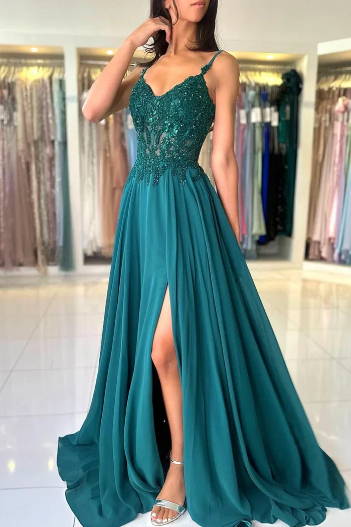 Green Chiffon Evening Dress Women Elegant Applique Suspenders Deep V-neck Backless Bridal Formal Long Ball Gowns Pageant Dress