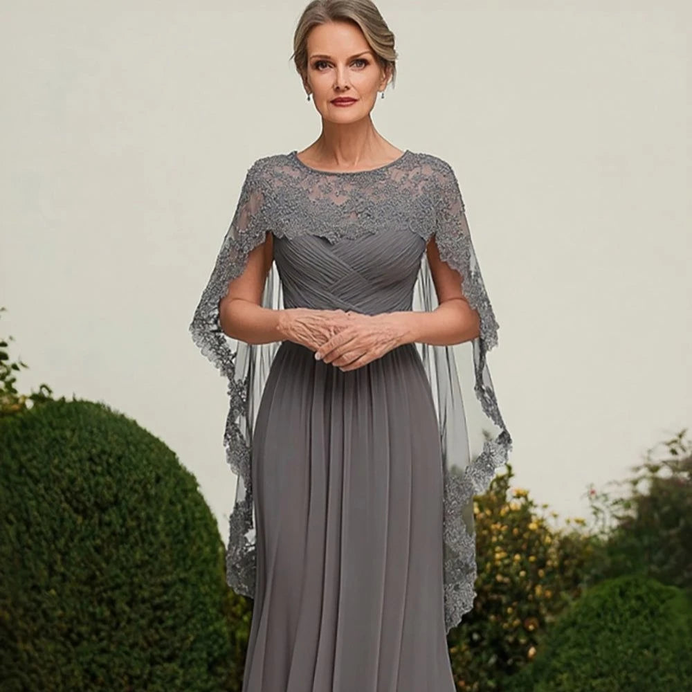Gray Formal Evening Dress for Mother of the Bride with Round Neck, Lace Capelet, Ruched Bodice and Flowy Chiffon A-Line Skirt