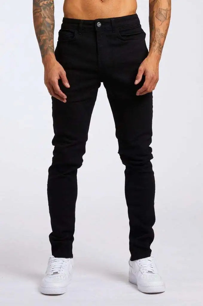 Mens Jeans Elastic Skinny Solid Color Stretch Pencil Pants Slim Fit Denim Jeans Jogging Streetwear Cowboy Casual Trousers Blck