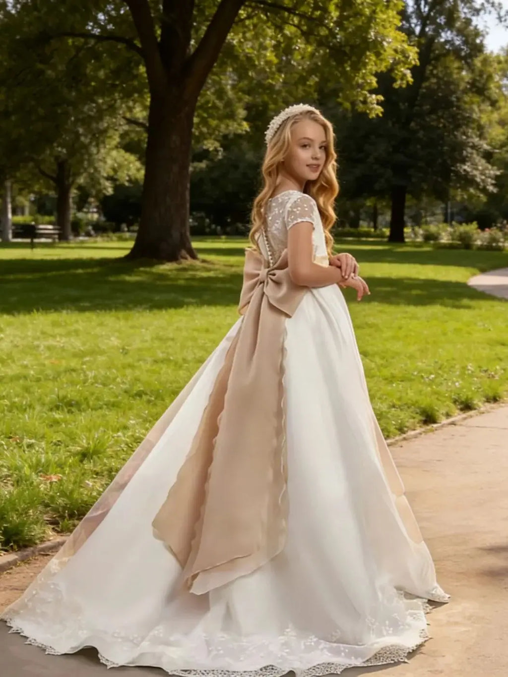 Custom satin flower girl dress Elegant wedding bridesmaid half-sleeve lace bow First Communion prom party children's dress