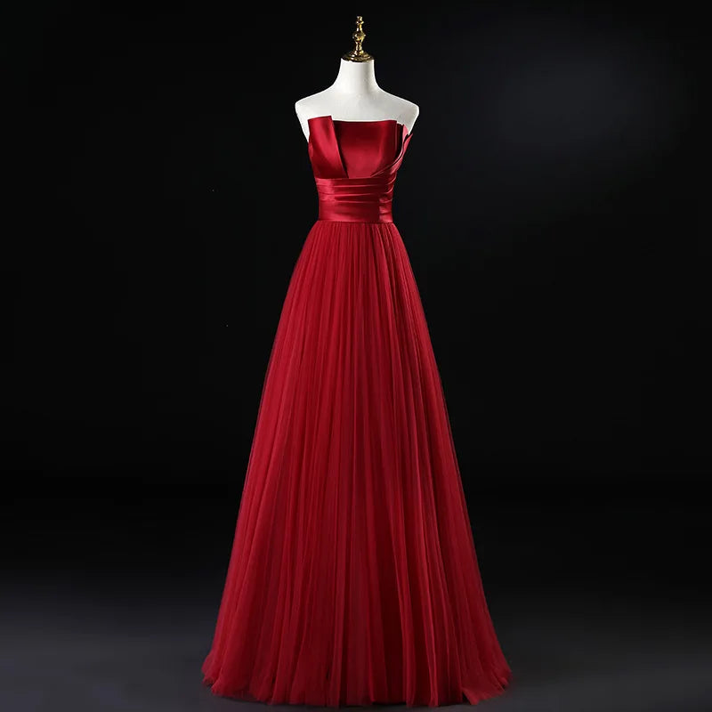 Satin Strapless Evening Prom Dresses for Women Summer 2026 Elegant Sexy Ruched Mesh Long Formal Party Show Host Dress Vestidos